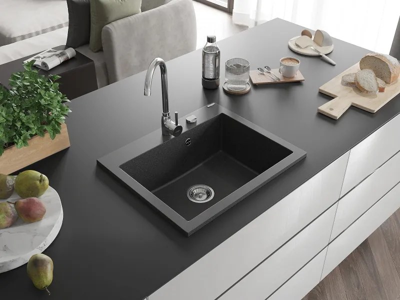 Mexen Elix gránit mosogató 1-medencés 600 x 500 mm, fekete pöttyös, króm szifon - 6525601005-76