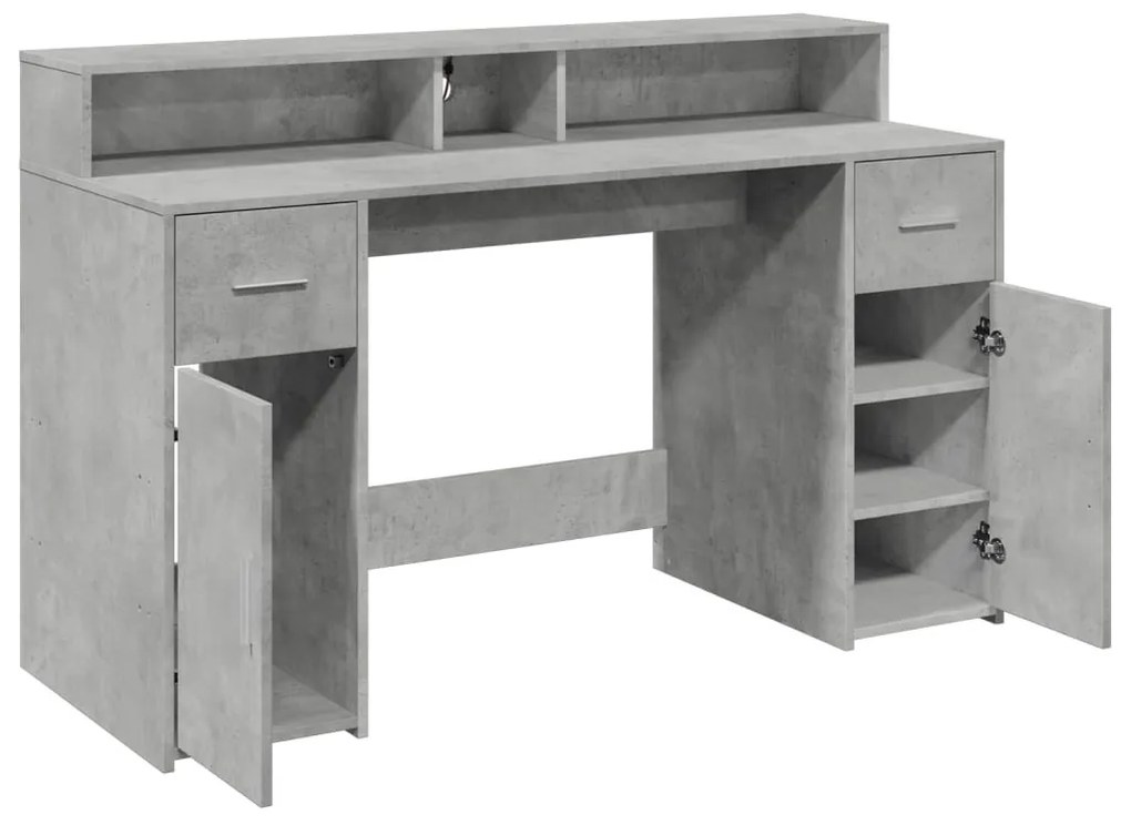 betonszürke szerelt fa íróasztal LED-világítással 140x55x91 cm