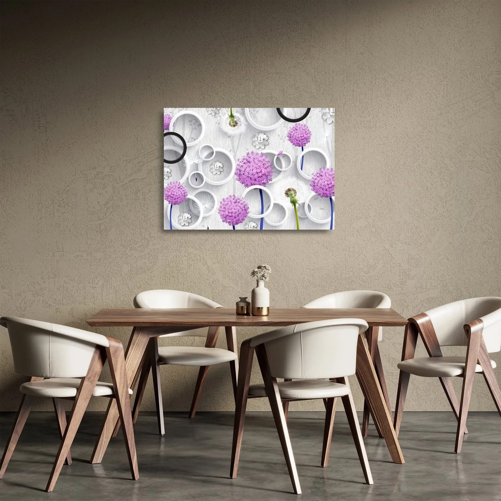 Kép a 3D absztrakció körökkel és virágokkal (üvegen) (70x50 cm)