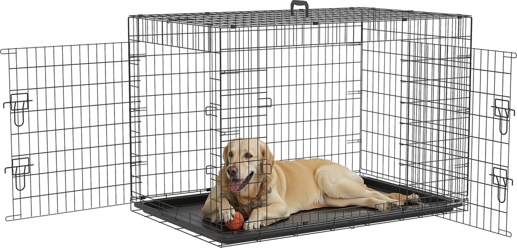 PawHut Összecsukható Kutya Ketrec 2 Ajtóval, Kivehető Tálcával és Szállító Fogantyúval 121x77x82 cm Fekete | Aosom