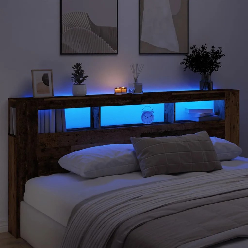 antik fa színű szerelt fa LED-es fejtámla 220x18,5x103,5 cm