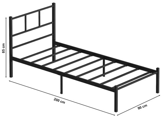 ROVAN fém egyszemélyes ágy, 90x200 cm, fekete, 120 kg teherbírás