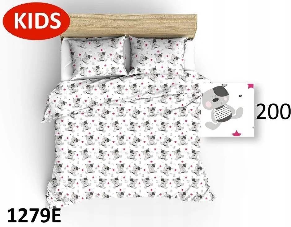 Ágyneműhuzat garnitúra 140x200 cm, fehér, macikkal, csillagokkal, szívecskékkel, rózsaszín és szürke mintával