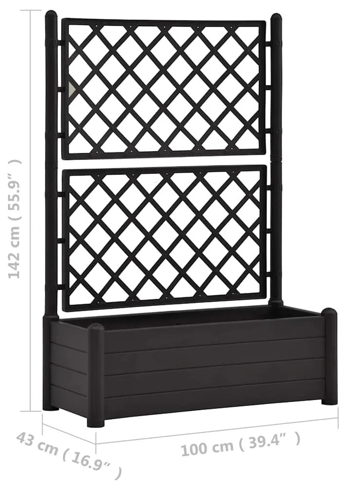 antracitszürke polipropilén rácsos kerti ültető 100x43x142 cm