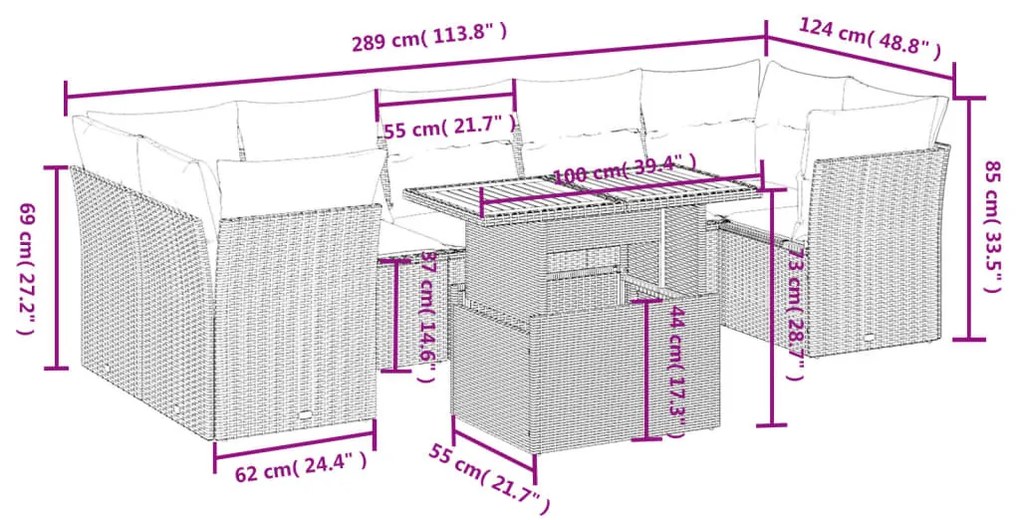 8 részes fekete polyrattan kerti ülőgarnitúra párnákkal