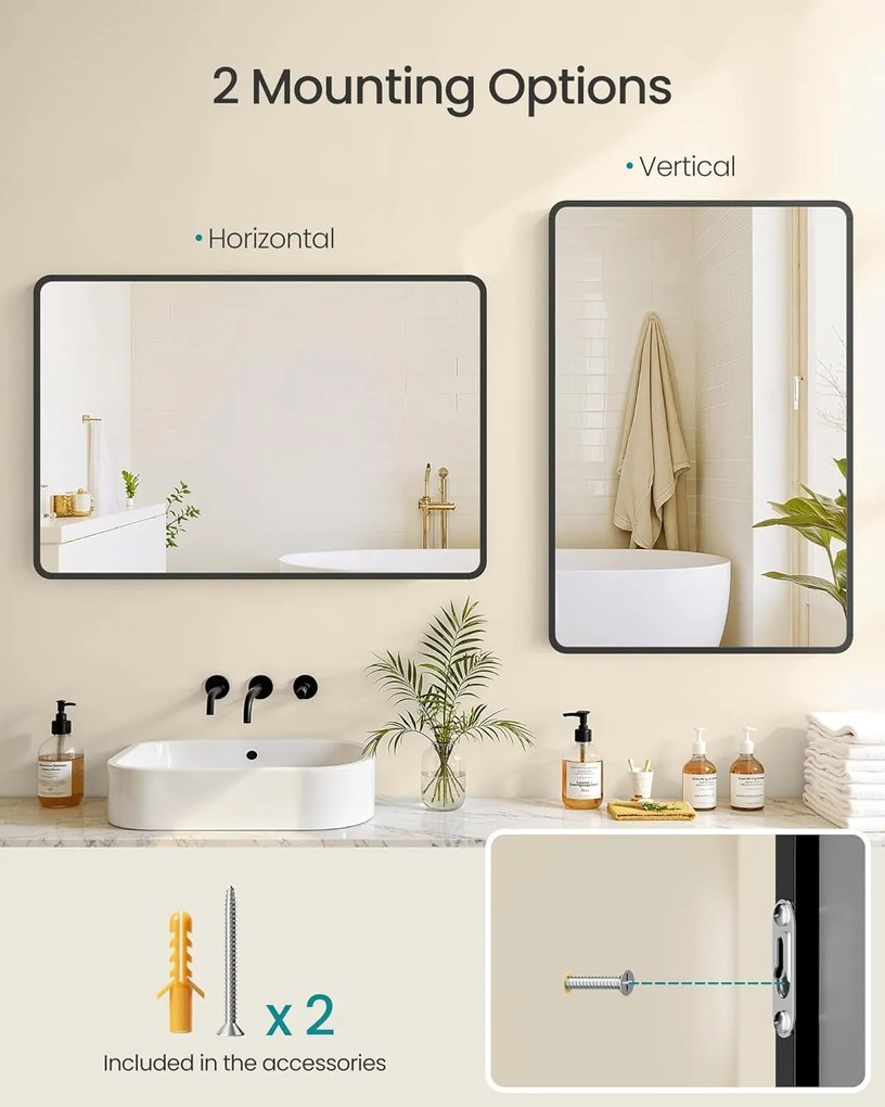 SONGMICS fürdőszobai tükör, falra szerelhető kozmetikai tükör, téglalap alakú, alumínium keret