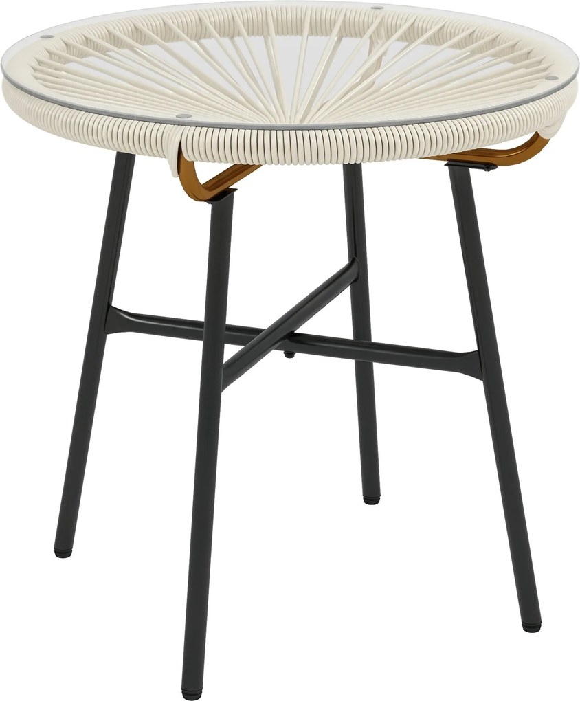 Outsunny Szintetikus Rattan Kertipari Kerek Kávézó Asztal Kültéri Használatra Edzett Üveg Felsővel és Fém Lábakkal, Teraszra, Erkélyre Ø50x50 cm Krém