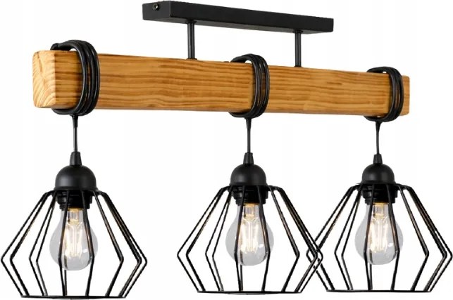 Lámpa csillár fa 3xE27 Loft Fekete drót