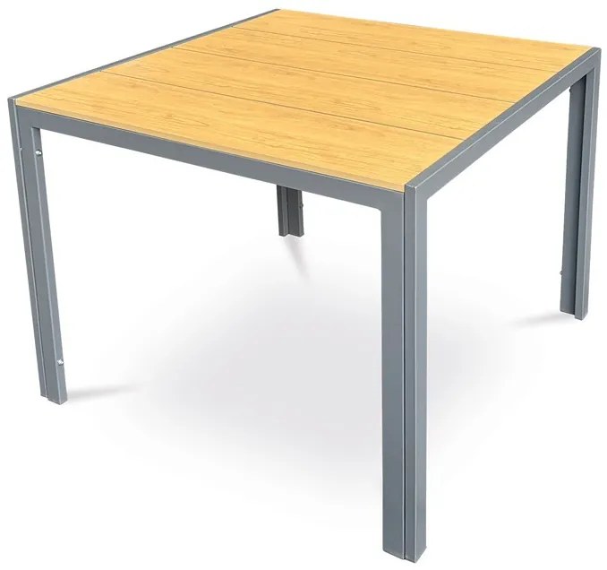 Kerti asztal 90x90x73 cm., polywood asztallap tölgy dekorral, szürke fém szerkezettel