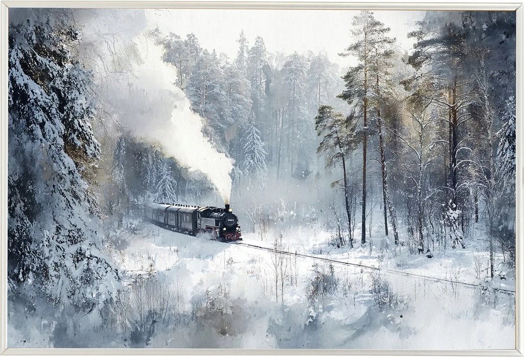 Poszter Keret Alumínium Gőzmozdony Tél Erdő Hó Utazás Retro 60x40