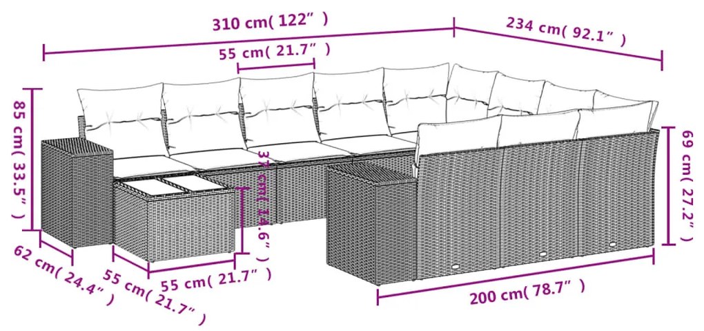 11 részes fekete polyrattan kerti ülőgarnitúra párnákkal