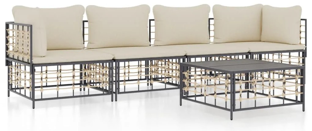 5 részes antracitszürke polyrattan kerti ülőgarnitúra párnákkal