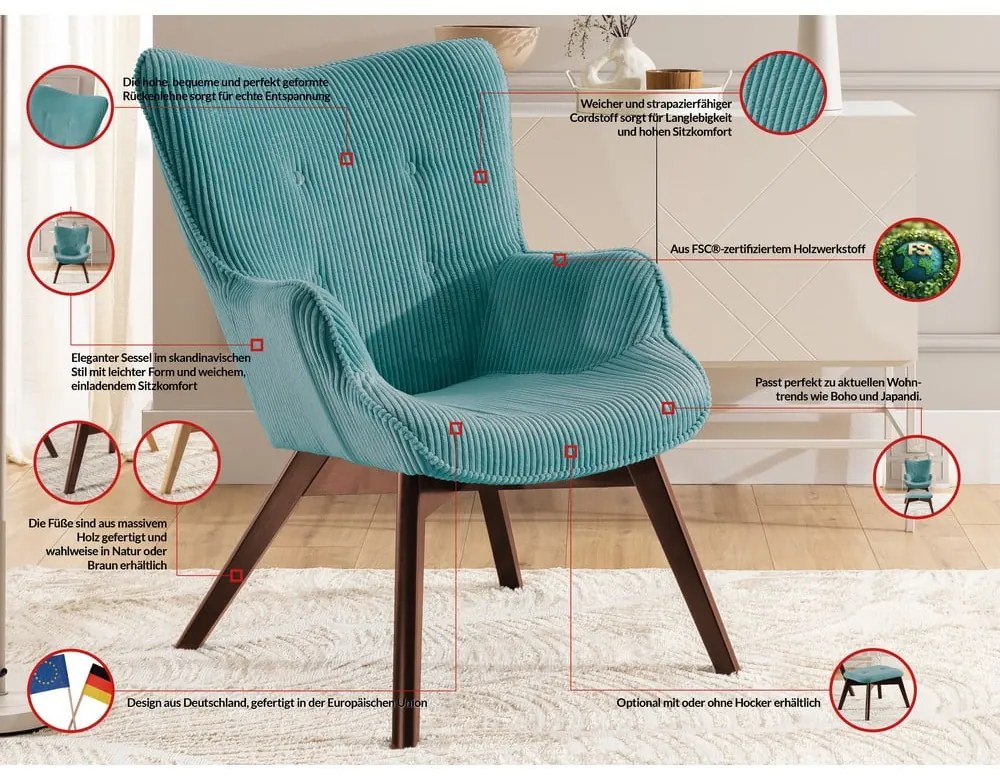 Türkiz kordbársony fotel Niko – Ropez