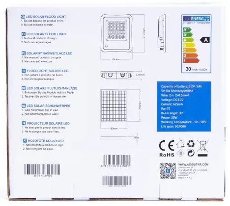 Aigostar - LED Dimmelhető napelemes reflektor LED/30W/3,2V IP67 + távirányító