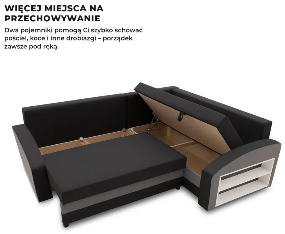 Grande sarokkanapé polcokkal , polc a jobb karfaban, jobboldali, szövet anyag, hab töltet, fekete - szürke