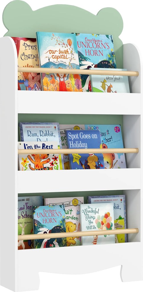 AIYAPLAY Gyermek Könyvespolc 3 Polccal, Térkihasználó Medve Alakú Polc Elülső Barrierekkel, Gyerekek Szobájába és Nappaliba, 55x15x110 cm, Zöld | Aoso