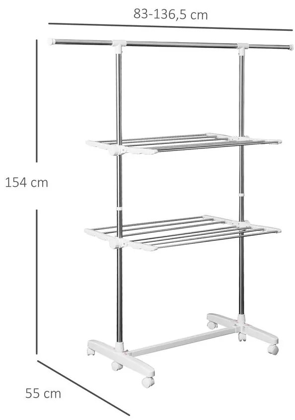 Összecsukható ruhaszárító állvány kerekekkel 83-136,5 x 45,5 x 154 cm