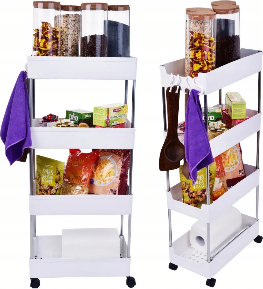 Fürdőszoba Polc Konyhai Gurulós Szekrény 4 Szintes Könyvespolc Akasztókkal