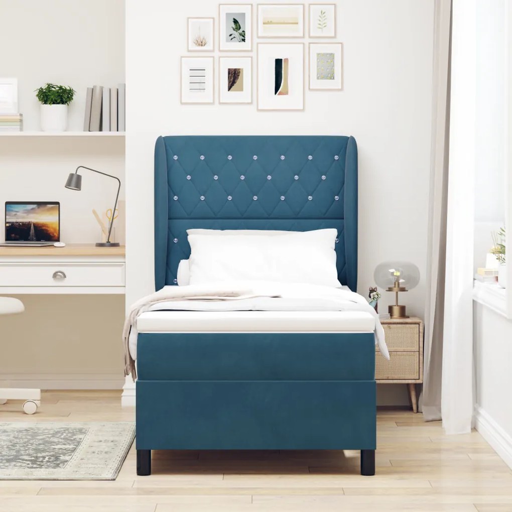 Boxspring Ágy Matraccal Sötétkék 90x190 cm Bársony