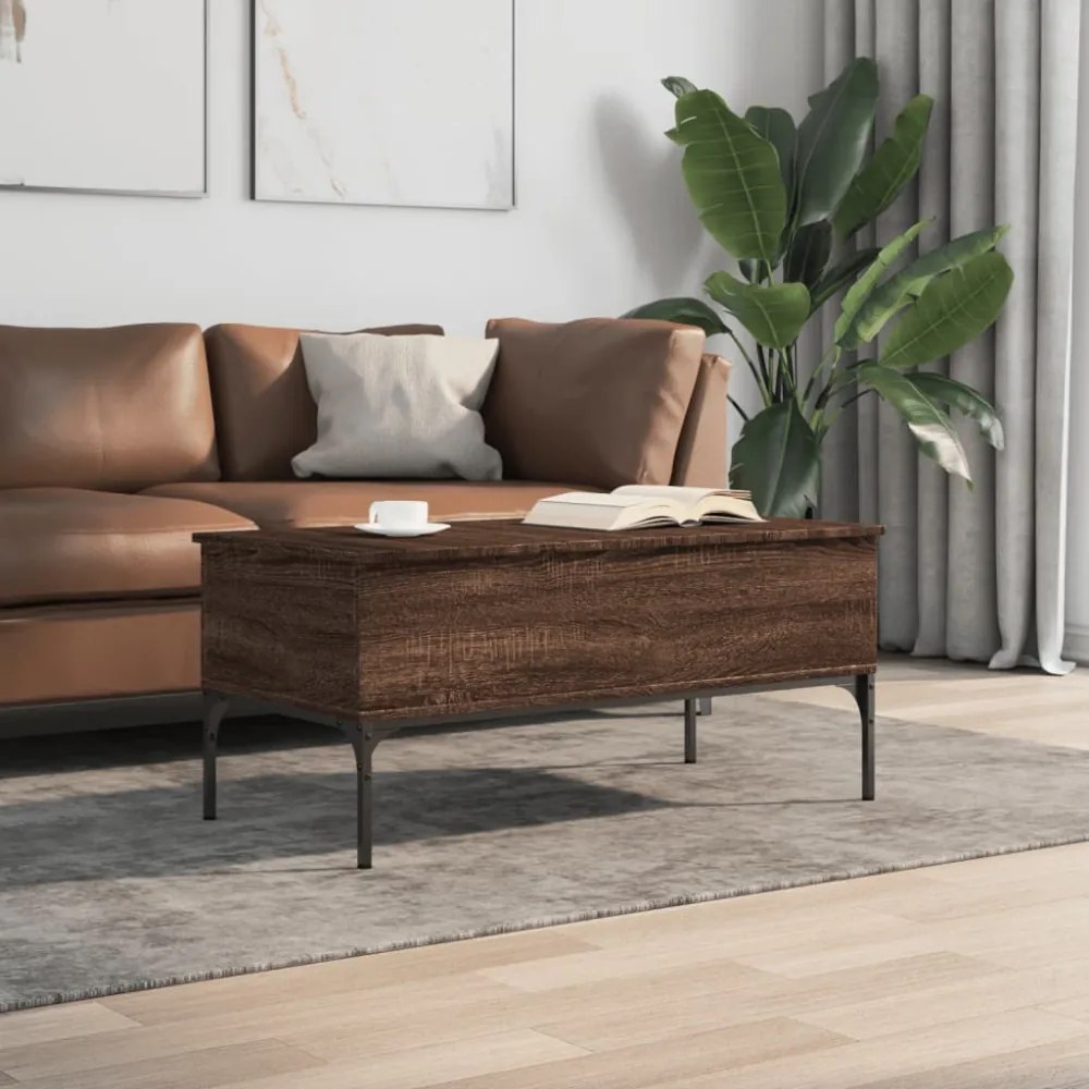 barna tölgyszínű szerelt fa és fém dohányzóasztal 100x50x45 cm