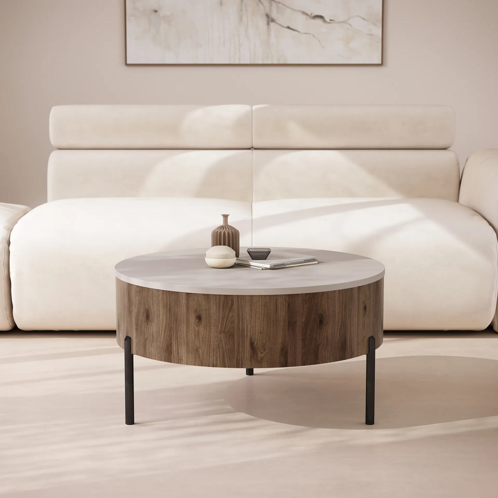 Mazzoni FRIDA Bézs Taupe / Elegáns Diófa – MODERN DOHÁNYZÓASZTAL FELHAJTHATÓ LAPPAL ÉS TÁROLÓVAL