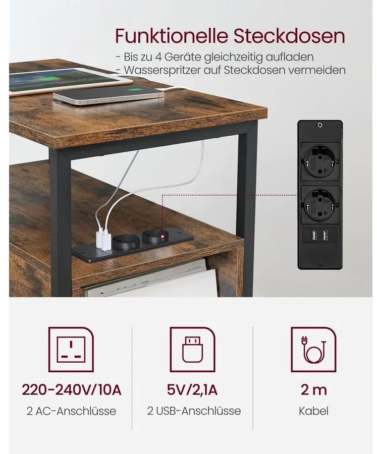 VASAGLE Oldalasztal, éjjeliszekrény beépített elosztóval barna és fekete színben