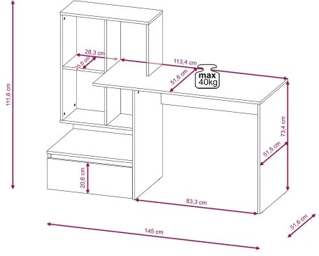 MARLO íróasztal polccal, beton szürke/fehér