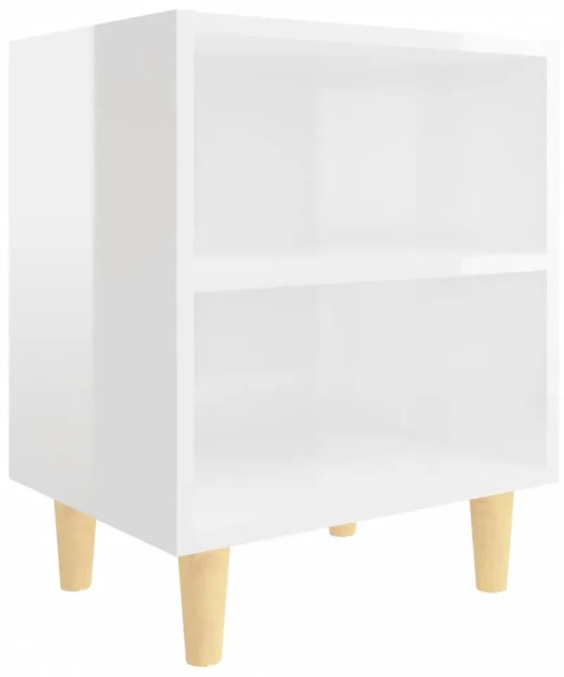 2 db magasfényű fehér éjjeliszekrény fa lábakkal 40x30x50 cm
