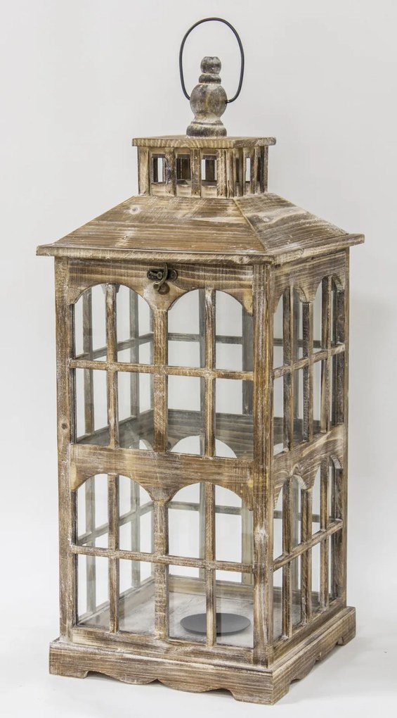 Vintage barna koptatott fa mécsestartó üvegezett lámpás lantern 3db-os szett 80x31 / 59x23 / 42x16cm