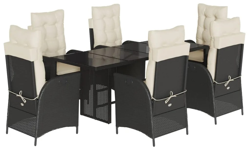 7 részes fekete polyrattan kerti étkezőgarnitúra párnával