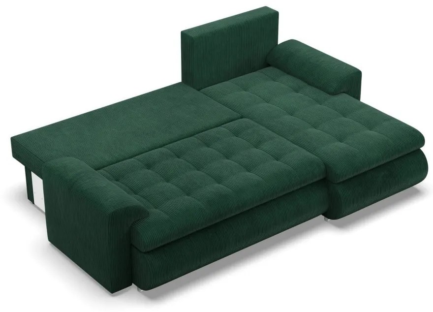 Tokio sarokkanapé, 2 ágyneműtartóval, kordbársony, jobboldali, zöld