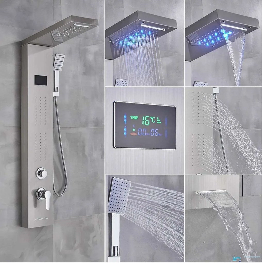 Zuhanyrendszer EYN BSP1912 LED-világítással, vízeséskifolyóval és masszázsfúvókákkal, többféle, például matt fekete és szálcsiszolt ezüst — Nikkel