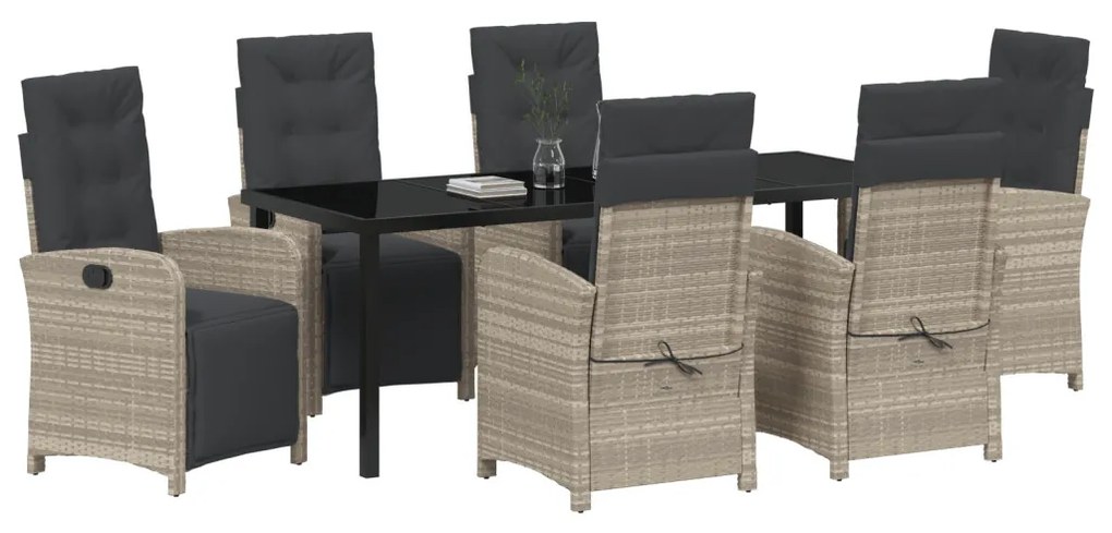 7 darabos kerti étkezőszett párnákkal világosszürke poli rattannal, Kerti asztal fekete 200x80x73 cm edzett üveggel