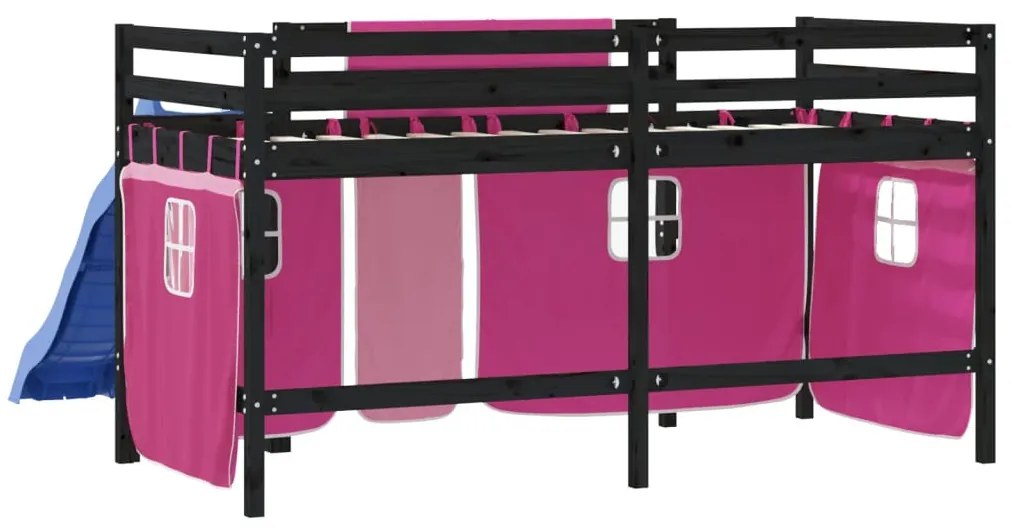 rózsaszín tömör fenyőfa gyerek galériaágy függönnyel 80x200 cm