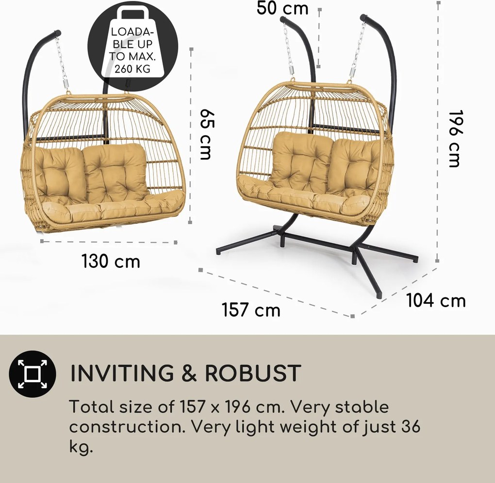 Blumfeldt Biarritz Double, függőszék, dupla ülés, párna, poliészter, alumínium, polirattan, 260 kg