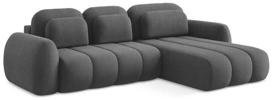 Sötétszürke buklé kinyitható-tárolóhelyes sarokkanapé (jobb oldali-heverő résszel) Pele – Makamii