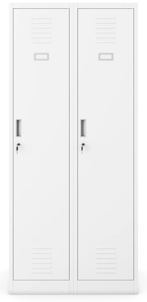 Pléh öltözőszekrény talpazaton, kétmodulos, polccal és köztes fallal KACPER, 800 x 1800 x 500 mm, fehér