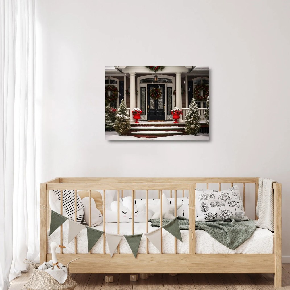 Üveg kép - Karácsonyi díszítésű ház (70x50 cm)