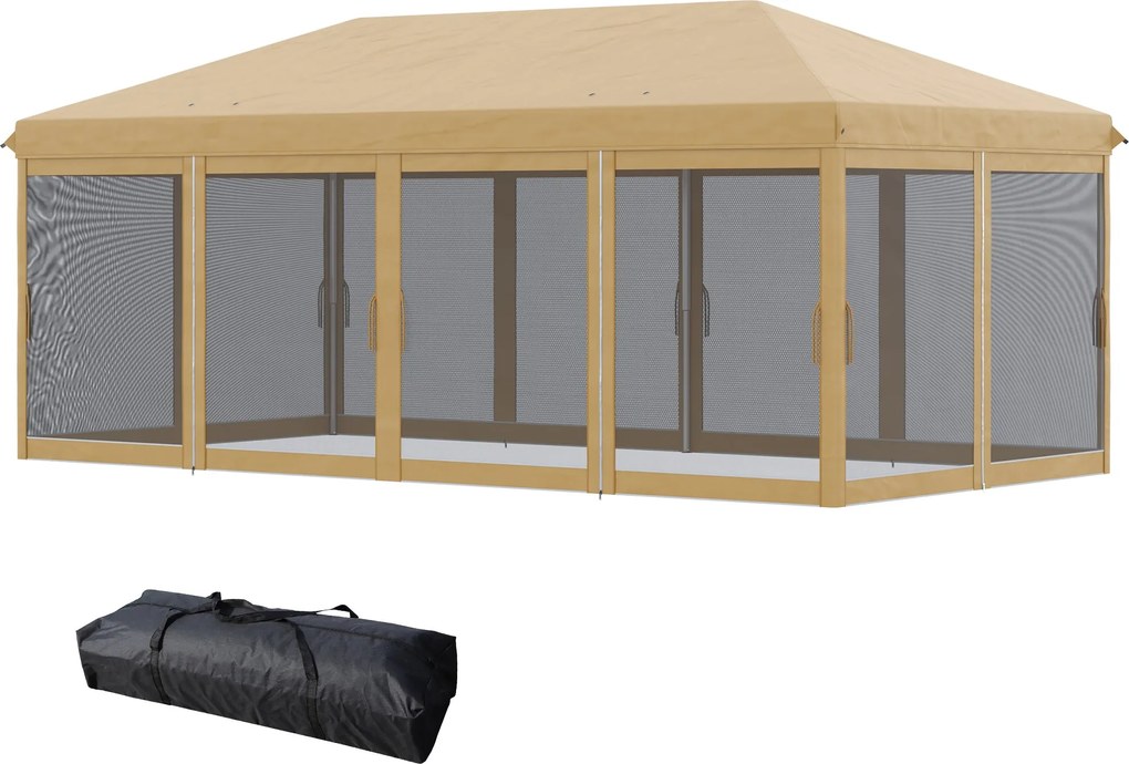 Outsunny Összecsukható Pop-Up Pavilon 6x3 m, 6 Hálós Oldallal, UV-Védelemmel és Hordtáskával, Kerti Partikhoz, Bézs | Aosom