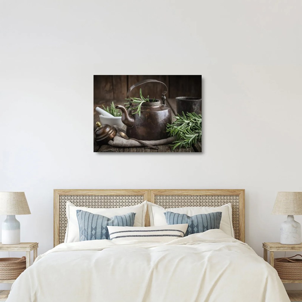 Üveg kép - Teáskanna rozmaringgal (70x50 cm)