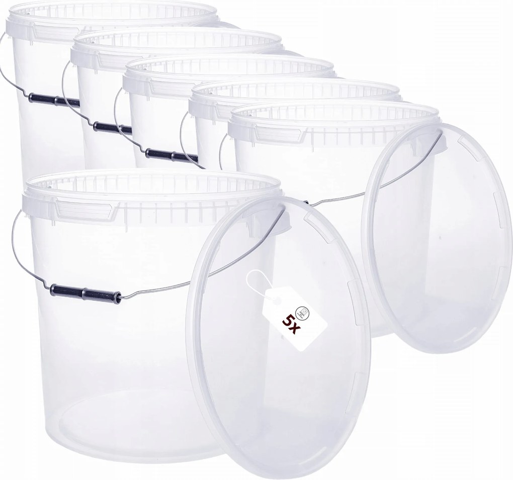 5x Műanyag vödör 30L (33L) fedővel Átlátszó Élelmiszer