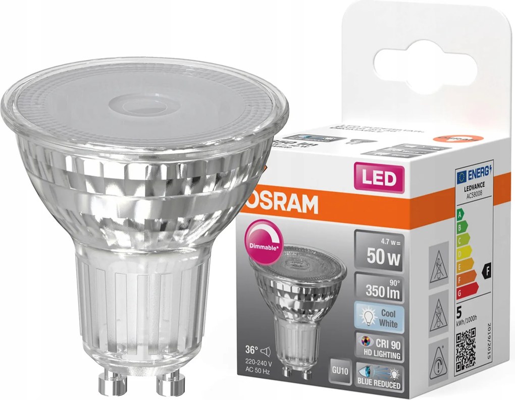 Led izzó PAR16 Reflektor GU10 4.7W 50W 4000K CRI90 36° Tompítható