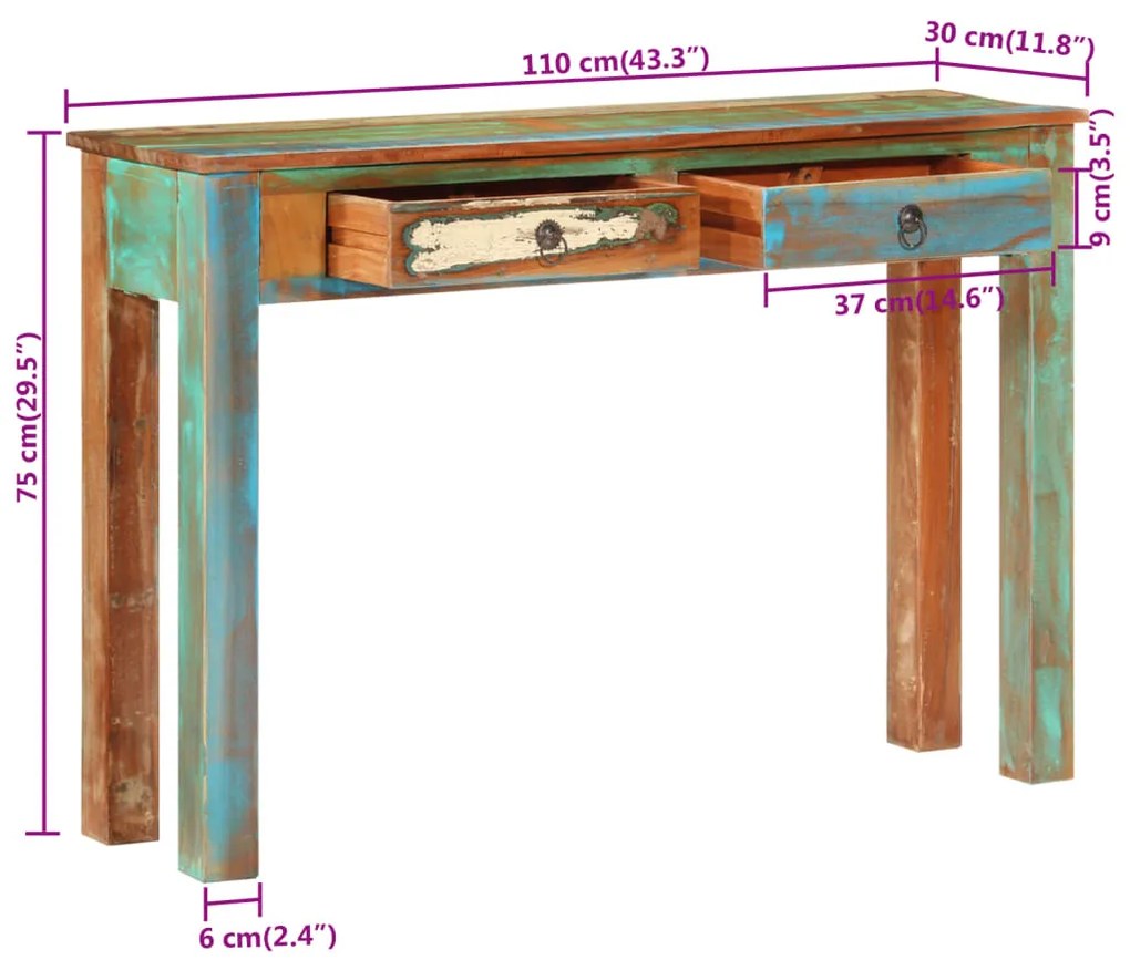 tömör újrahasznosított fa tálalóasztal 110 x 30 x 75 cm