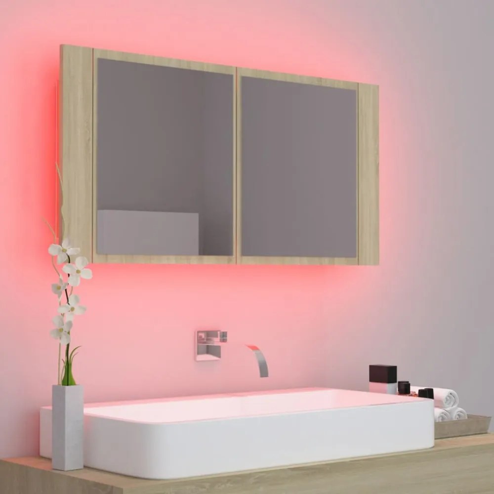 tölgyszínű akril LED-es tükrös fürdőszobaszekrény 90x12x45 cm
