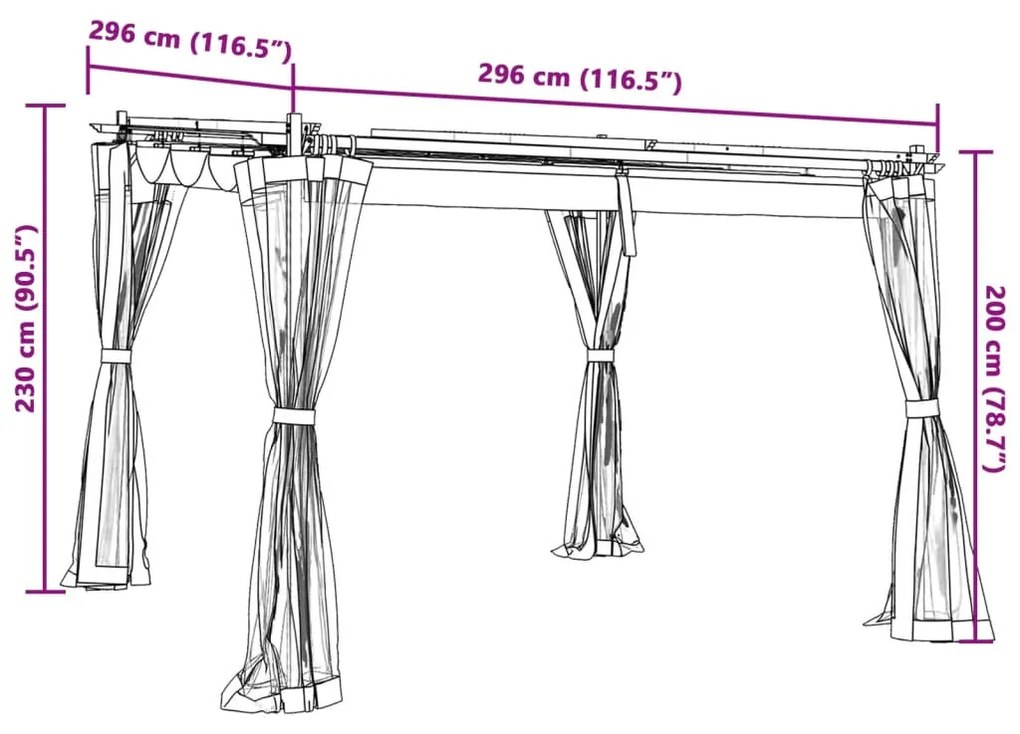 krémszínű acél pavilon hálós oldalakkal 3 x 3 m