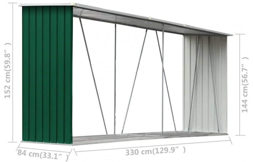 zöld horganyzott acél kerti tűzifatároló 330 x 84 x 152 cm