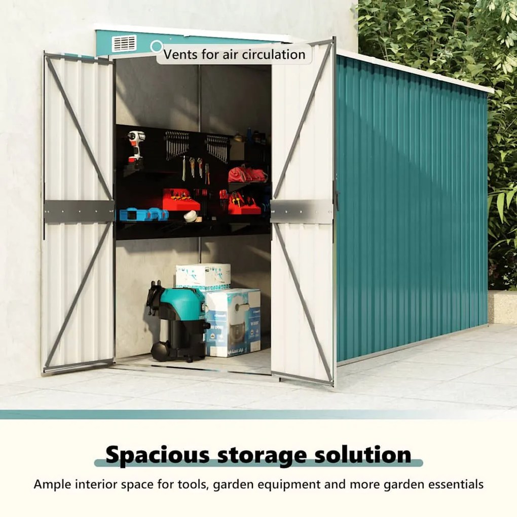 zöld acél falhoz erősíthető kerti fészer 118 x 288 x 178 cm