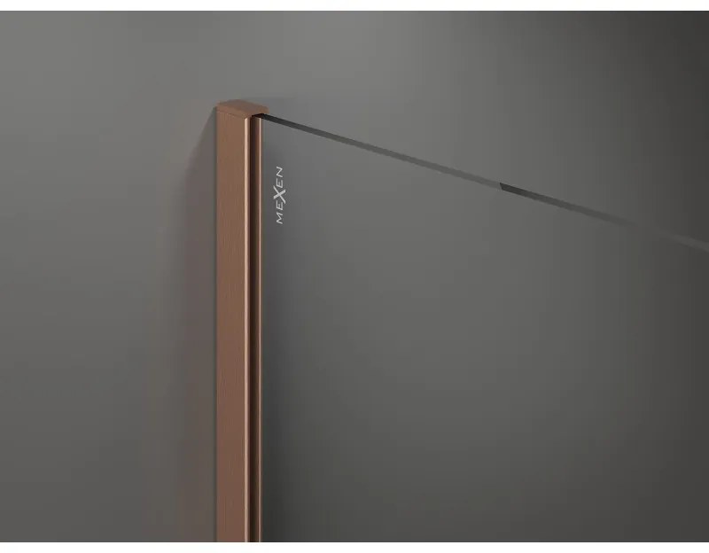 Mexen Kioto+, Walk-In zuhanyparaván polccal és akasztóval 120 x 200 cm, 8 mm átlátszó üveg fehér mintás, réz matt profil, 800-120-121-65-85