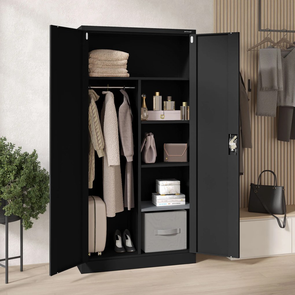 Fekete, rúddal ellátott, multifunkcionális fém szekrény, 900x1850x450 mm: DAWID All Black