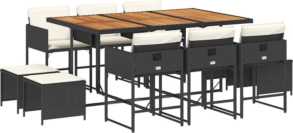 vidaXL 11 részes fekete polyrattan kerti étkezőgarnitúra párnákkal